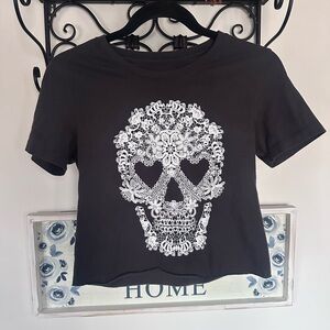 Fifth Sun Black and White Graphic Crop Floral Skull Top